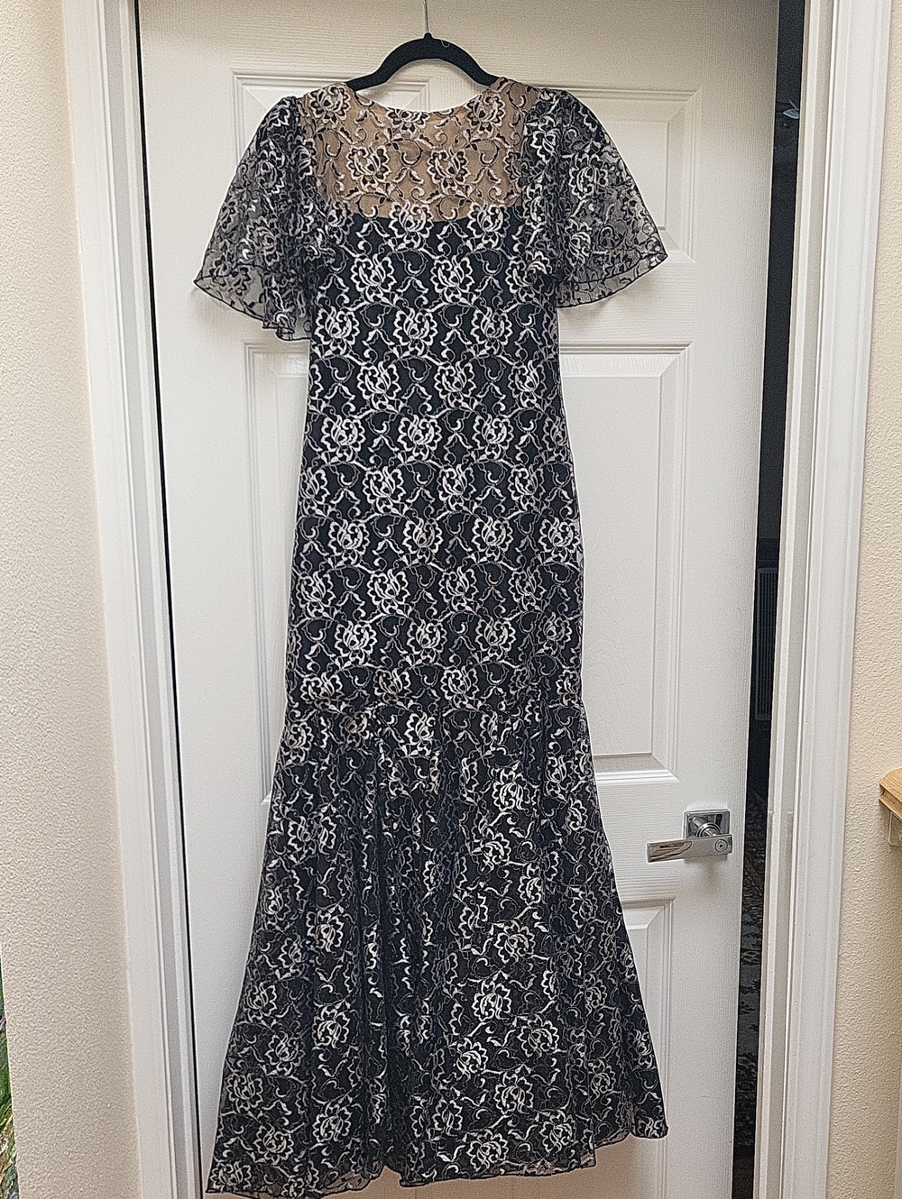 Saks Fifth Avenue Black and White Lace Overlay Maxi Dress